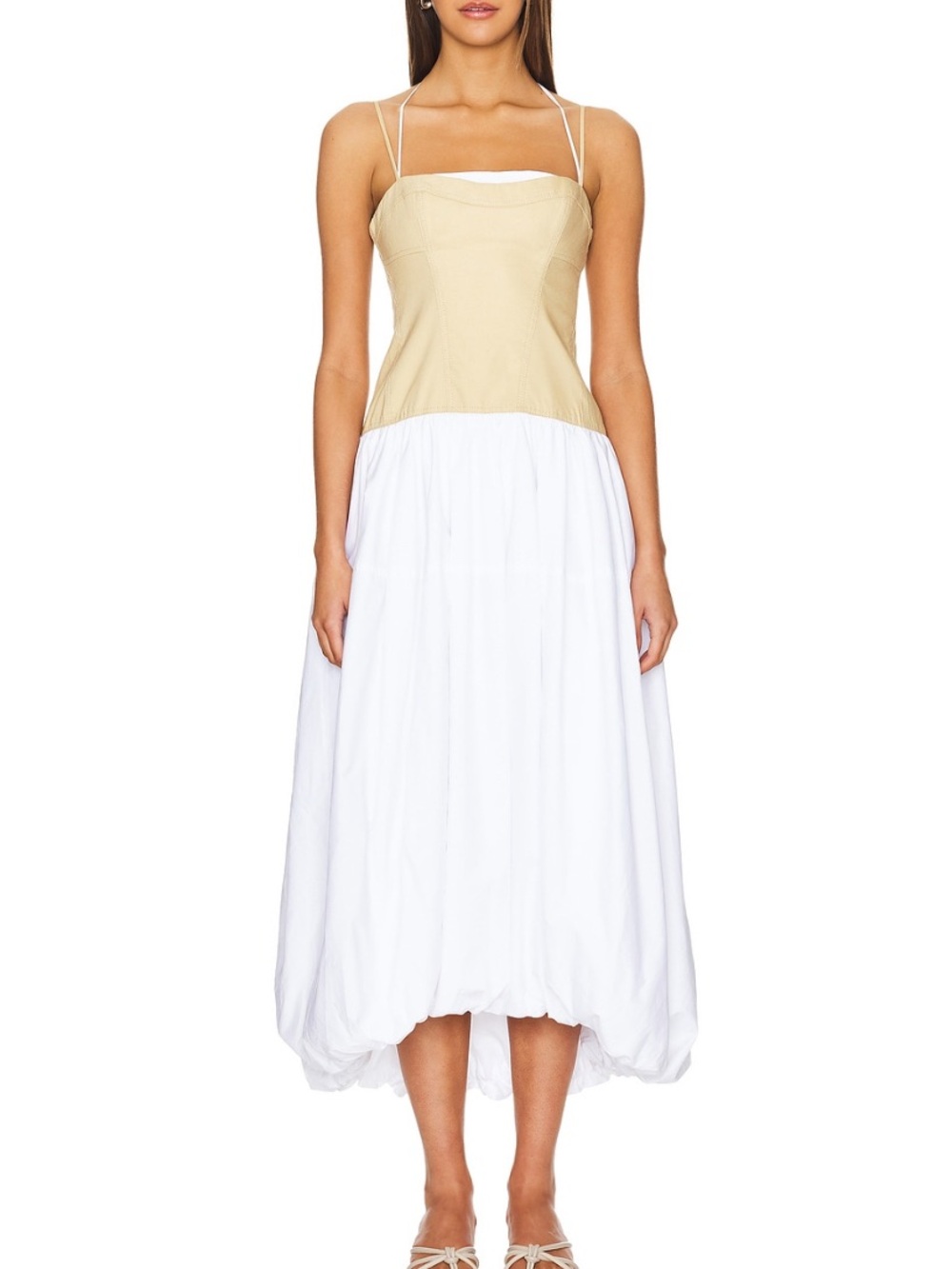 Moon River Beige and White Midi Dress